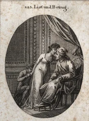 Alegoria de astúcia e engano. Expressão: Quem te dá mais carícias do que o habitual, é sinal de que te enganou ou de que te quer enganar. Gravura em "Iconologie oder Ideen aus dem Gebiete der Leidenschaften und Allegorien bildich