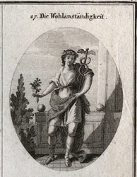 Alegoria de decência. Jovem com uma pele de leão para expressar sua distinção e sua grandeza de alma. O ramo de amaranto e a coroa mostram que ele ainda mantém a sua beleza. O lapso marca eloquência e sagacite no discurso. Gravura em "Iconologie