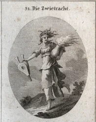 Alegoria da discórdia. Seu cabelo é formado por víboras e sua testa é uma bandagem ensanguentada. Um fole numa mão e na outra um vaso de fogo. Gravura em "Iconologie oder Ideen aus dem Gebiete der Leidenschaften und Allegorien bildestellt dargestellt fur Z