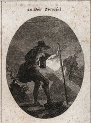 Alegoria de dúvida representada por um jovem caminhando pela escuridão com uma lanterna e um barco que ele ajuda a encontrar seu caminho através de vários caminhos cheios de pedras. Gravura em "Iconologie oder Ideen aus dem Gebiete der Leidenschaften und A