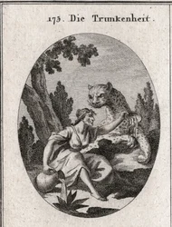 Alegoria da embriaguez. Ela segura um jarro e um copo cheio de vinho que ela deixa. Seu símbolo é uma panela com o símbolo da fúria da embriaguez. Gravura em "Iconologie oder Ideen aus dem Gebiete der Leidenschaften und Allegorien bildestellt dargestellt f