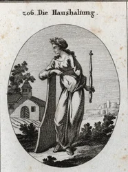 Alegoria da economia. É coroada com um ramo de oliveira simbolizando a paz. Ele se inclina sobre um leme e segura um ceptro e compas, emblemas do poder e do governo exato. Gravura em "Iconologie oder Ideen aus dem Gebiete der Leidenschaften und Allego".
