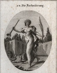Alegoria da emulação. A trombeta e a palma simbolizam a recompensa atribuída ao mérito. Os atributos são dois galos prontos para lutar. Gravura em “Iconologie oder Ideen aus dem Gebiete der Leidenschaften und Allegorien bildlich dargestellt für Zeichner”