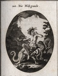 Alegoria de inveja sob a forma de uma mulher velha muito feia. Com raiva, ela morde o punho e uma cobra tenta morder o seu coração. Ela está sentada numa hidra, um monstro parecido com ela. Gravação em "Iconologie oder Ideen aus dem Gebiete der Leidenschaf