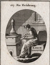 Alegoria da experiência que é o resultado do estudo e do tempo. Ela está a experimentar ouro numa placa de chave. Gravação em "Iconologie oder Ideen aus dem Gebiet der Leidenschaften und Allegorien bildestellt fur Zeichner, Mahler, Dichter, Gelehrte, Erzie