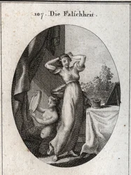 Alegoria de falsidade. O seu emblema é uma sirene a olhar para si mesma num espelho. Gravação em "Iconologie oder Ideen aus dem Gebiet der Leidenschaften und Allegorien bildestellt fur Zeichner, Mahler, Dichter, Gelehrte, Erzieher und freunde Hoherer G