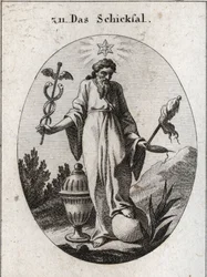 Alegoria do destino. Uma estrela por cima mostra os efeitos da astrologia nos acontecimentos da vida humana. Segura com uma mão um símbolo caduco do seu poder e com a outra um símbolo de tabua e um fuso cujo fio partido indica a fragilidade da vida. A
