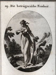 Alegoria de fineza que tende a enganar. Ela é representada com uma mão no peito e outra atrás dela segurando um símbolo de engano. Gravura em "Iconologie oder Ideen aus dem Gebiete der Leidenschaften und Allegorien bildich dargestellt