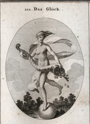 Alegoria da fortuna representada com uma venda para mostrar que ela é cega aos seus dons. Ela segura um chifre de abundância de cetros, coroas, jóias e moedas. É colocado sobre uma bola que gira rapidamente. Gravura em "Iconologie oder Ideen aus dem Gebiet