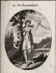 Alegoria de amizade. As flores de murta e romãzeira na sua coroa são símbolos de amor e harmonia. Mostra um coração com esta inscrição: "Longe et prope" (De longe e perto). Na parte inferior do seu vestido está escrito "Bitches et vita" (Morte e Vida).