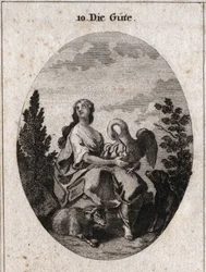 Alegoria da bondade representada por uma beleza nobre e abundante olhando para o céu com amor. Pelicano simboliza a caridade, a fidelidade do cão e o cordeiro, a doçura. Gravura em "Iconologie oder Ideen aus dem Gebiete der Leidenschaften und Allegorien bi