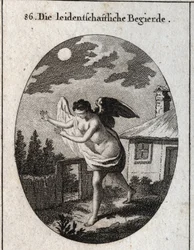 Alegoria da ganância representada pelo desejo cego cuja inanição é incerta. Gravação em "Iconologie oder Ideen aus dem Gebiet der Leidenschaften und Allegorien bildestellt fur Zeichner, Mahler, Dichter, Gelehrte, Erzieher und freunde Hoherer Ge.