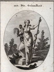 Alegoria da saúde representada por uma mulher forte que segura um galo, animal consagrado a Esculápio, deus da medicina. Segura um bastão em torno do qual se enrola uma serpente, animal que muda de pele e menos propenso a doenças. Gravura em "Iconologie