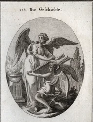 Alegoria da história. Suas ações de ouvir e escrever em um grande livro apoiado pelo tempo significa a ação de ser informado para retranscrever a memória de coisas passadas. Gravação em "Iconologie oder Ideen aus dem Gebiete der Leidenschaften und Allegori