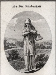Alegoria de honestidade. Seus olhos estão cobertos por um véu que esconde metade do seu rosto porque os olhos são o espelho da alma e o primeiro sentido pelo qual ela se corrompe. Gravura em "Iconologie oder Ideen aus dem Gebiete der Leidenschaften und All