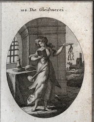 Alegoria de hipocrisia segurando um livro de orações e disciplina (rápido, chicote). A trombeta que ela tem nas marcas dos ombros que ela publica com ênfase as suas boas obras. Gravação em "Iconologie oder Ideen aus dem Gebiete der Leidenschaften und Alleg