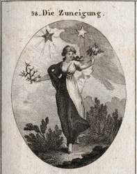 Alegoria da inclinação. Segura um ramo de rosas e um ramo de espinhos e mostra-se indecisa na sua escolha. Atrás dela encontram-se uma estrela luminosa e benéfica, a de Júpiter, e uma estrela escura e nociva, a de Saturno. Gravura em «Iconologie oder