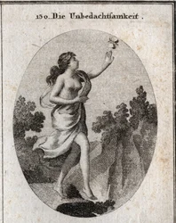 Alegoria de inconsideração. Ela caminha olhando para uma borboleta sem ver que há um precipício a seus pés. As compas e as regras mostram que ela não mantém ou não conhece nenhuma medida. Gravação em "Iconologie oder Ideen aus dem Gebiete der Leid
