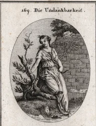 Alegoria da ingratidão. Uma mulher que aquece uma serpente ao peito é mordida. O ramo de hera é o símbolo da ingratidão, pois destrói aquilo que lhe serve de apoio para subir. Gravura em «Iconologie oder Ideen aus dem Gebiete der Leidenschaften»