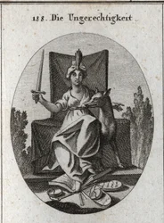Alegoria da injustiça. Ela segura uma espada que ergue e, aos seus pés, estão as tábuas das leis divinas, o livro das vozes humanas e as balanças da justiça quebradas. O lobo é o símbolo da crueldade, da rapina e da ganância. Gravura em «Iconolo»