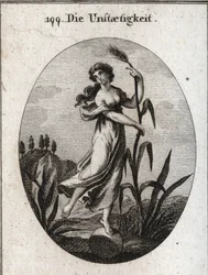 Alegoria de instabilidade agitada pelo vento. Ela inclina-se com ambas as mãos sobre uma frágil palheta e é colocada apenas com um pé sobre uma bola. Gravação em "Iconologie oder Ideen aus dem Gebiete der Leidenschaften und Allegorien bildestellt dargestel