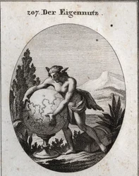 Alegoria de interesse com pele de lobo. Ele está a apertar um globo. Este emblema significa que a ganância é a própria das pessoas interessadas. Gravura em "Iconologie oder Ideen aus dem Gebiete der Leidenschaften und Allegorien bildestellt fur Zeichner, M