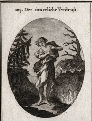Alegoria de tristeza interna representada pela tristeza do rosto e pela desordem de ajuste. Seu peito parece estar comendo por várias serpentes. Gravação em "Iconologie oder Ideen aus dem Gebiete der Leidenschaften und Allegorien bildich dargestell
