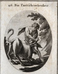Alegoria do intrepidito representado por um jovem vigoroso que detém um touro furioso segurando-o pelos chifres. Gravura em "Iconologie oder Ideen aus dem Gebiete der Leidenschaften und Allegorien bildestellt fur Zeichner, Mahler, Dichter, Gele