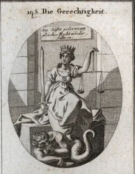 Alegoria de justiça. Os seus atributos são equilíbrio e espada. Ela senta-se num tribunal e empresta-lhe uma coroa dourada na cabeça. Sob os seus pés, a fraude preocupada em ser descoberta, roeu-lhe os punhos. Gravura em "Iconologie oder Ideen aus dem Gebi