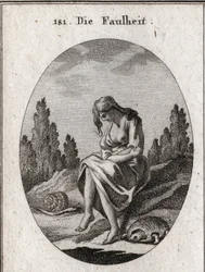 Alegoria de preguiça. Ela está de braços cruzados. O seu atributo é uma tartaruga e uma lesma. Gravura em "Iconologia ou Idéias do Campo das Paixões e Alegorias ilustradas para desenhistas, pintores, poetas, estudiosos, educadores e amigos".