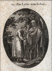 Alegoria de amor pela vida. Uma mulher velha chama a morte para a ajudar a colocar os seus beliches de madeira na cabeça. Gravura em "Iconologia ou ideias do campo das paixões e alegorias ilustradas para desenhistas, pintores, poetas, estudiosos, educadore