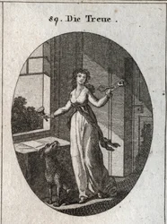 Alegoria de lealdade cujos símbolos são a chave, o selo e o cão. Gravura em "Iconologia ou idéias do campo das paixões e alegorias ilustradas para desenhistas, pintores, poetas, estudiosos, educadores e amigos de alto gosto
