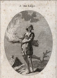 A alegoria da mentira representa fealdade, mau cabelo e má roupa. A sua roupa está cheia de línguas e máscaras. A palha em chamas ilustra a falta de consistência das suas palavras e a perna de madeira, a pouca solidez. Gravura em «Iconologie oder Ideen au»