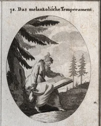 Alegoria de tez melancólica. Ele segura um livro e uma bolsa e sua boca está fechada com uma venda. Um pássaro senta-se na sua cabeça. Gravura em "Iconologie oder Ideen aus dem Gebiete der Leidenschaften und Allegorien bildestellt dargestellt fur Zeichner,