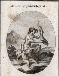 A alegoria do infortúnio representava uma mísera e extensa. Seus atributos são um chifre de abundância que ela sacode e está vazio, e uma criança que perece de fome. Gravura em "Iconologie oder Ideen aus dem Gebiete der Leidenschaften und Allegorien bi