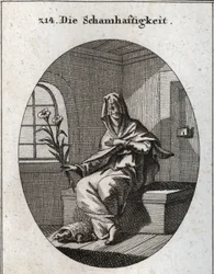 Alegoria de modéstia. O seu símbolo é um ramo de lírios e uma tartaruga que significa que as mulheres modestas devem ser removidas de suas casas. O seu rosto está coberto por um véu. Gravura em "Iconologie oder Ideen aus dem Gebiete der Leidenschaften und 