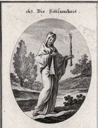 Alegoria de modéstia. Ela segura um cetro acima do qual está um olho que significa que a modéstia deve ser clarividente sobre si mesma. Gravura em "Iconologie oder Ideen aus dem Gebiete der Leidenschaften und Allegorien bildestellt fur Zeichner, Mahler, Di