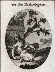 Alegoria de negligência. Ela segura um relógio com uma areia virada (ampulheta). A tartaruga é o emblema da lentidão. Gravura em "Iconologie oder Ideen aus dem Gebiet der Leidenschaften und Allegorien bildestellt fur Zeichner, Mahler, Dichter",