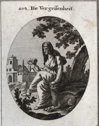 Alegoria do esquecimento. Ela tem uma planta de mandrágoras, um narcótico poderoso. O lince é o animal dedicado a Baco. Gravura em "Iconologie oder Ideen aus dem Gebiete der Leidenschaften und Allegorien bildestellt fur Zeichner, Mahler, Dichter, Gel