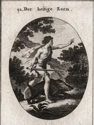 Alegoria de paixão ou impetuosidade representada por um adolescente com uma espada para marcar que ele segue a raiva. Seu atributo é um javali irritante, um animal que sempre luta sem levar em conta o perigo. Gravura em "Iconologie oder Ideen aus dem Geb