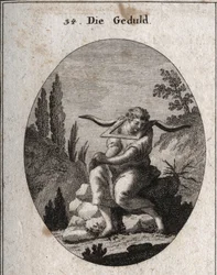 Alegoria da paciência sentada sobre pedregulhos, pés em espinhos, mãos unidas e jugo sobre os ombros. Gravação em "Iconologie oder Ideen aus dem Gebiet der Leidenschaften und Allegorien bildestellt fur Zeichner, Mahler, Dichter, Gelehrte, Erzieher u