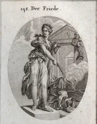 Alegoria da paz. Ela usa uma grinalda de oliveiras e segura um taco enquanto queima com uma tocha um tufo de armas. Atrás dela, a estátua de Plutus significa que a abadia e a riqueza são seus benefícios. Gravura em "Iconologie oder Ideen aus dem Gebiete