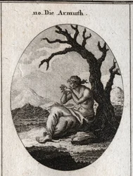Alegoria da pobreza ao pé de uma árvore seca que cresce em terreno árido. Seus pés e mãos estão amarrados e ela tenta desfazer as amarras com os dentes; Gravura em "Iconologie oder Ideen aus dem Gebiete der Leidenschaften und Allegorien bildich dargeste