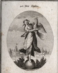 Alegoria do orgulho representada por uma jovem de olhos vendados colocada sobre uma bola, emblema da sua pouca firmeza. O pavão simboliza o espírito soberbo. A roupa rica cobre as suas vestes pobres para mostrar o exterior. Gravura em «Iconologie oder