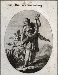 Alegoria de prodigalite representada com uma venda e sacudindo um corno de abundância de onde caem prata e jóias que avidamente se aproveitam. Gravura em "Iconologie oder Ideen aus dem Gebiete der Leidenschaften und Allegorien bildestellt fu