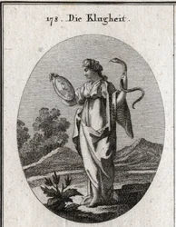 Alegoria da prudência, os seus atributos habituais são o espelho e a serpente. Tem dois rostos, um jovem para a antecipação do futuro e um velho para a consideração do passado. Gravura em «Iconologie oder Ideen aus dem Gebiete der Lei»