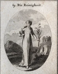 Alegoria de purê. Os seus atributos são a pomba e o lírio, símbolos da candura. Gravura em "Iconologia ou idéias do campo das paixões e alegorias ilustradas para desenhistas, pintores, poetas, estudiosos, educadores e amigos do alto