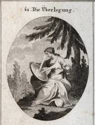 Alegoria da reflexão. Um raio de luz parte do seu coração, que bate o espelho nos seus joelhos e reflete a luz na sua testa. Gravura em "Iconologie oder Ideen aus dem Gebiete der Leidenschaften und Allegorien bildestellt dargestellt fur Zeichner, M