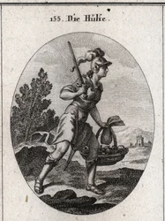 Alegoria de alívio representada por uma armadura com uma espada. Ela carrega uma bolsa e uma cesta cheia de alimentos para simbolizar o relevo em calamitas e fome. Ela está andando rápido. Gravura em "Iconologie oder Ideen aus dem Gebiete der Leidenschafte