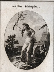 Alegoria de insulto repressivo com uma língua bifurcada. Ela segura uma haste de espinhos em uma mão e tem suas escalas de pés para mostrar que ela age contra a equitabilidade. Gravura em "Iconologie oder Ideen aus dem Gebiete der Leidenschaften und Allego